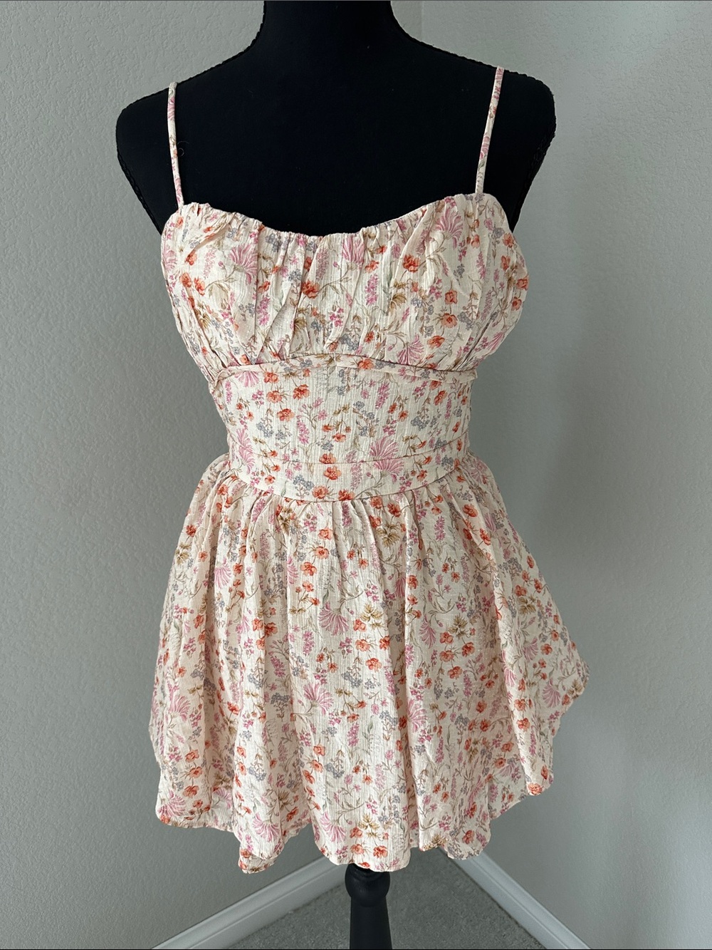 Cream Floral Spaghetti-Strap Romper with Pink & Orange Blooms